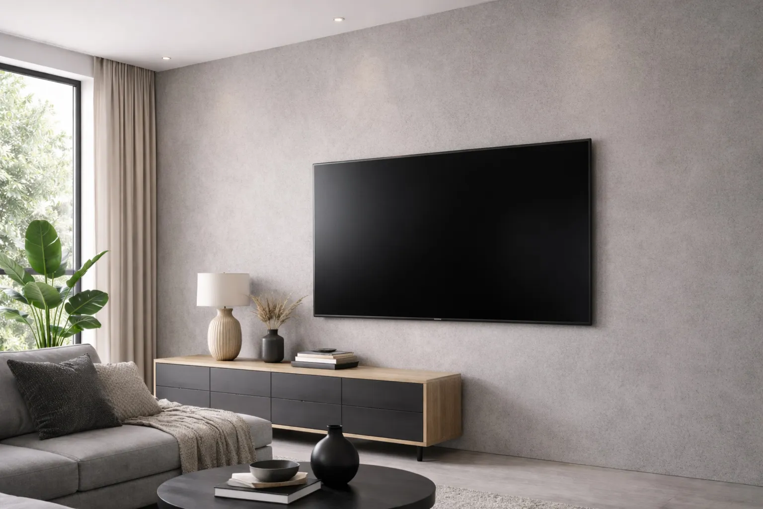 Designwand in Betonoptik hinter dem Fernseher in einem Wohnzimmer